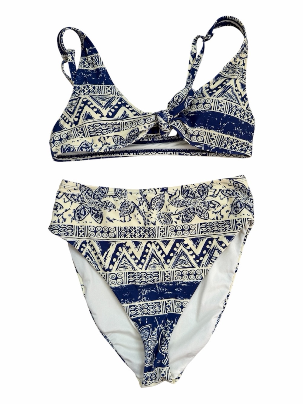Urban Outfitters Navy and Cream High Waisted Bikini Set